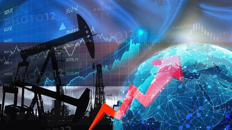 Global oil growth with Estonian flag. International oil exports with Estonia flag on the economic chart