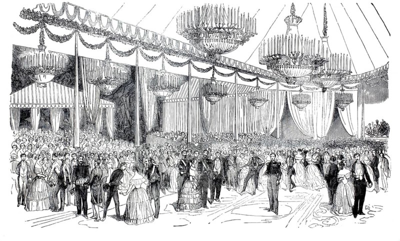 Ball at Parc de Vincennes. The sweeping hoop skirts for women and the men's skirts correspond to the upscale French fashion of the Second Empire around 1860, France, illustration, reproduction from a model from the 19th century. Authentic, file restored for optimal use, exact date of submission unknown, historical