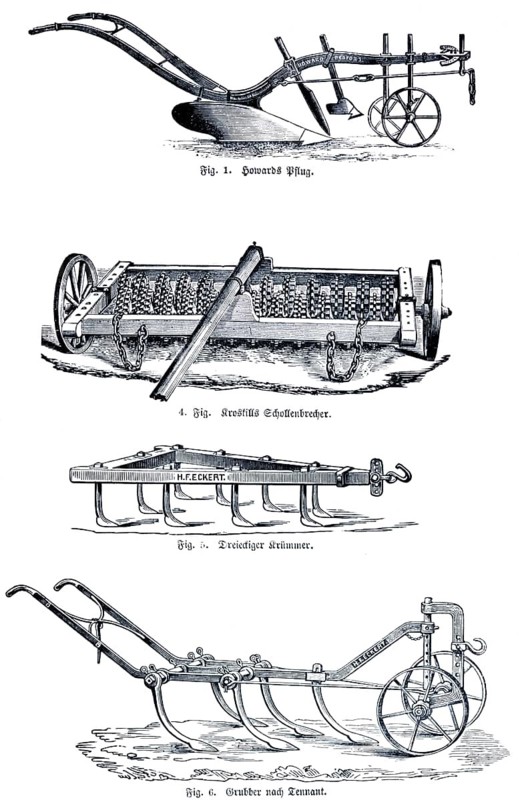 Agricultural tools, Howard's plough, Kroskills plaice breaker, triangular manifold, Tennant cultivator, field work, tillage, cropping, soil, breaking up, H.F. Eckert, company, manufacturer, public limited company, Berlin, handle, wheels, material, wood, iron, work, progress, soil loosening, technology, mechanics, mechanization, historical illustration 1891