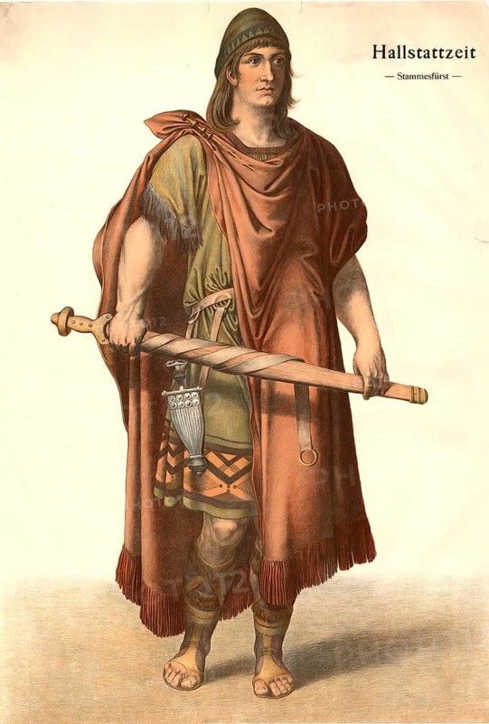 Tribal prince from the Hallstatt period, reconstruction of Celtic clothing and armament from the period between approx. 800 and 475 BC. The man depicted is wearing tunic-like underwear under a large, draped cloak, which was typical of the elite of the Hallstatt period, and a long sword, school picture, illustration, reproduction from a model from the 19th century. School picture, mural, authentic, file restored for optimal use, exact date of original unknown, historical
