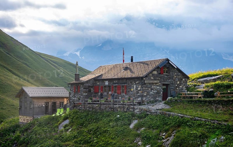Rotstockhütte mountain hut in front of mountain landscape, Bernese Alps, Bernese Oberland, Switzerland