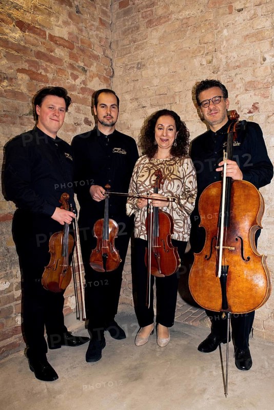 Timotej Willewaldt (violin), Sebestyen Sztathatosz (violin), Maria Ronchini (viola), Pierluigi Ruggiero (cello, artistic director), La musica italiana - 200 years of passion and longing with the Ensemble SineQuaNon Berlin, Photo Call for the concerts on 09 + 10 May 2026 at Kühlhaus Berlin and concert hall Am Gendarmenmarkt, Berlin, 09.05.2026