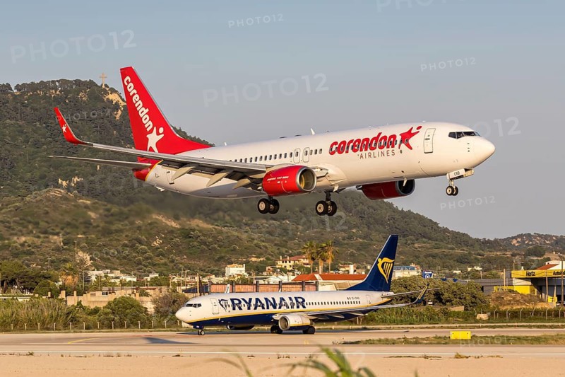 Boeing 737-800 Corendon Airlines and Ryanair aircraft with license plate 9H-CXD at Rhodes airport, Greece