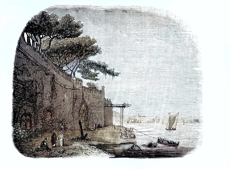 Illustration from 1849 shows the historic walls of the Topkapi Palace in Istanbul on the banks of the Bosphorus or the Golden Horn Constantinople, Turkey, illustration, reproduction from a model from the 19th century. Authentic, file restored for optimal use, exact date of original unknown, historical, colored