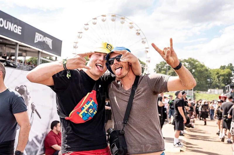 Two visitors pose at Rock im Park on Zeppelin Field in Nuremberg on 06.06.2026