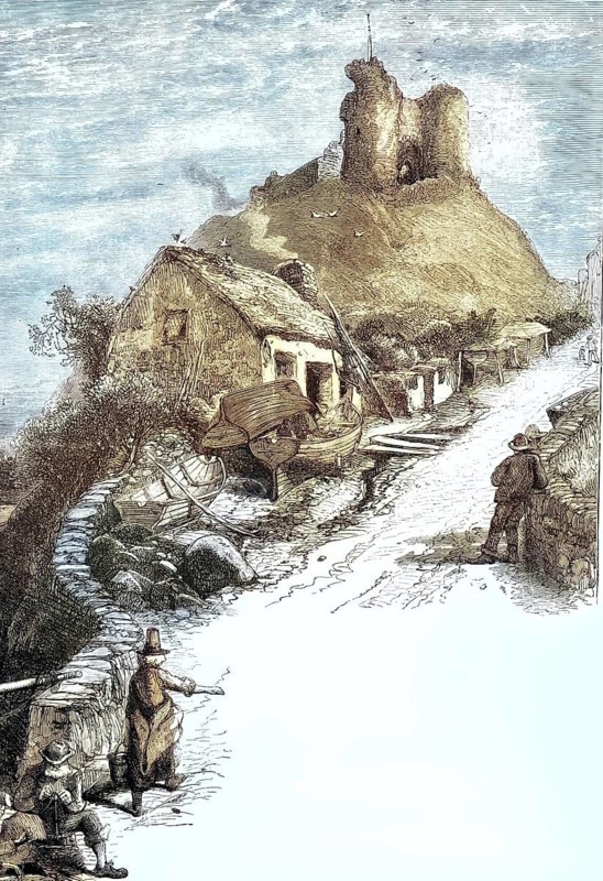 Criccieth Castle, high medieval castle ruins in Criccieth in northwestern Wales, illustration, reproduction from a 19th century model. Authentic, file restored for optimal use, exact date of original unknown, historical, nostalgically colored
