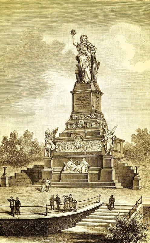 The Niederwald monument in Rüdesheim am Rhein, Germania with crown, victorious Franco-Prussian War 1870-1871, founding of the German Empire, national monument, UNESCO World Heritage Upper Middle Rhine Valley, sculptors Johannes Schilling and Karl Weissbach, angel on a pedestal, symbol, inscription, stairs, visitors, colossal statues, monumental, remembrance, Hesse, Germany, historical illustration 1885