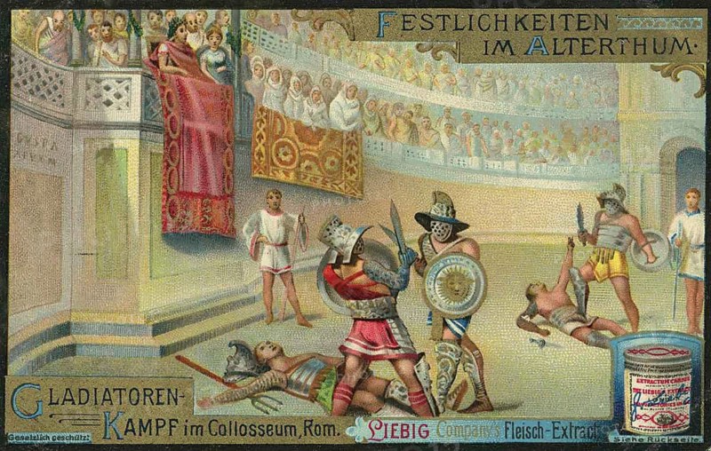 Picture series Festivities in Ancient Times, Gladiator Battles in the Colosseum in Rome, Liebigbild, digitally restored reproduction of a collector's painting from around 1900, exact date unknown