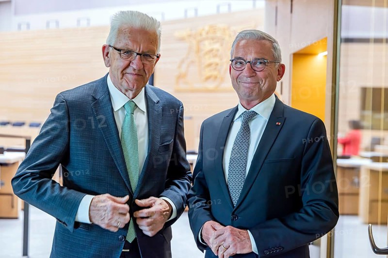 Outgoing Minister President Winfried Kretschmann (Greens) in conversation with the new President of the State Parliament Thomas Strobl, CDU (right) . Constituent session of the 18th state parliament of Baden-Württemberg. Stuttgart, Baden-Württemberg, Germany