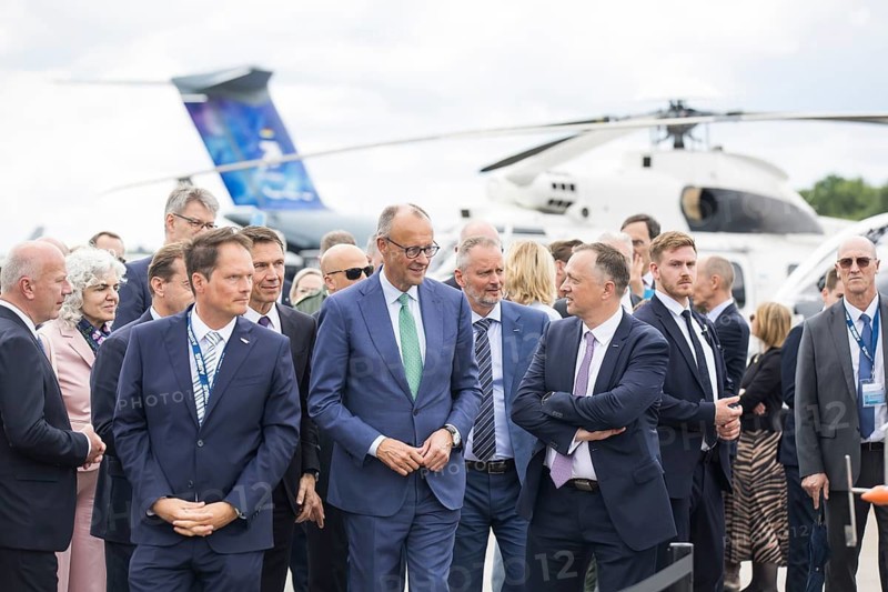 Friedrich Merz (Chancellor of the Federal Republic of Germany, CDU) during a tour of the ILA (International Aerospace Exhibition) on 10 June 2026 at the Berlin-Schönefeld Exhibition Grounds