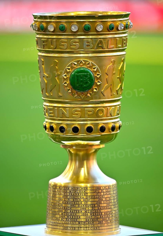 DFB-Pokal, trophy on podium, soccer Bundesliga, DFB-Pokal, MHPArena, MHP Arena Stuttgart, Baden-Württemberg, Germany