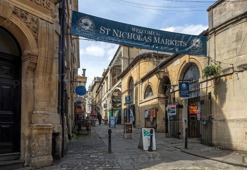 Welcome banner across street, St Nicholas Markets, Bristol, England, UK