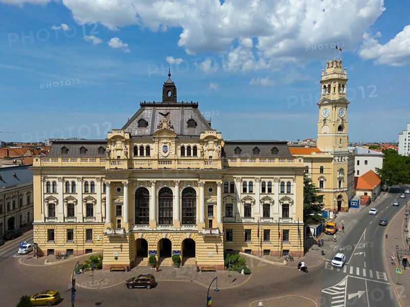 Impressive neoclassical style building with clock tower under a cloudy sky, aerial view, town hall with town hall tower, clock tower, Oradea, Oradea, Bihor district, Kreischland, Transylvania, Romania