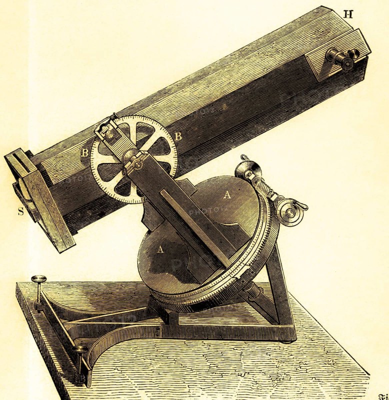 Foucault reflector telescope, parallactic, Jean Bernard Léon Foucault (1819 -1868) optics, French physicist, optical telescope with concave mirror, use, observatory, astronomy, member of the French Academy of Sciences, mechanics, inventor, profession, help, work, technology, history, France, historical illustration 1885