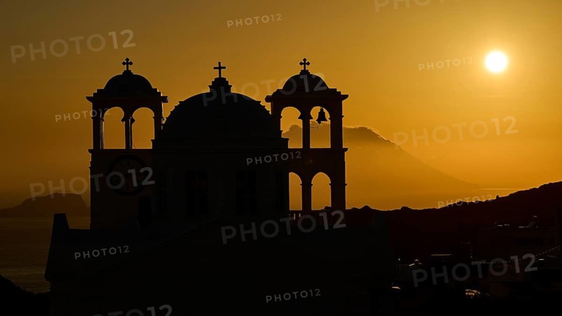 Church, orthodox Greek Orthodox church, church of Agios Nikolaos, church silhouette in front of sunset with mountains in the background, Trypiti, Tripiti, village, Milos, island, Cyclades, Greek islands, Greece