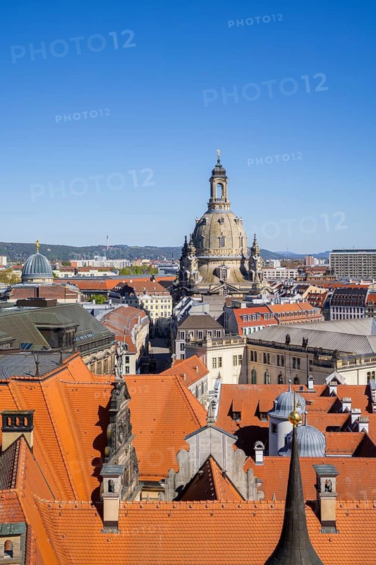 View from the castle tower, across the roofs of the old town to the Church of Our Lady, Dresden, Saxony, Germany
