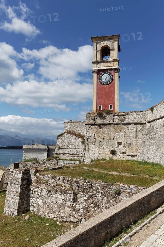 Old Venetian fortress, walls and clock tower, Corfu Town, Kerkira or Kerkyra, Corfu Island, Ionian Islands, Greece