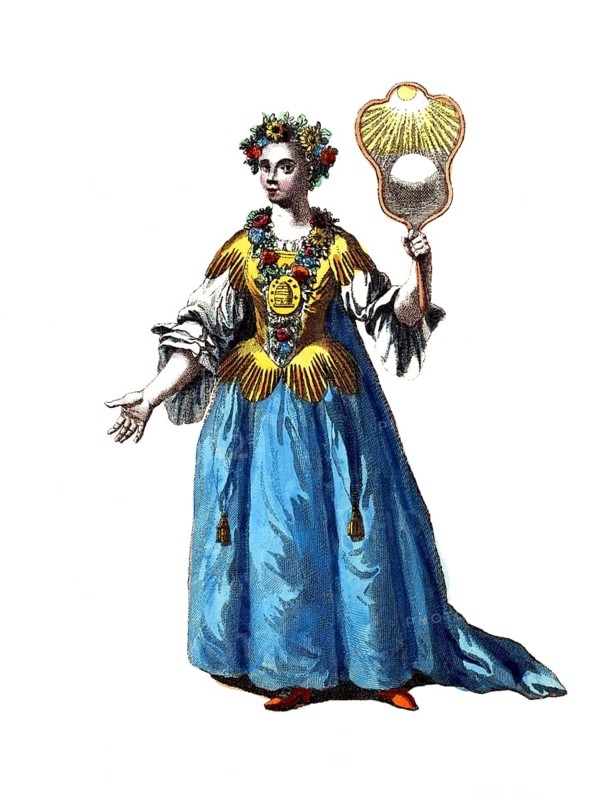 Historical clothing, fashion over time, woman, symbolising the concept of day, with a sun, 18th century, digitally restored reproduction of an 18th/19th century model, exact date unknown, woman with flowers in her hair and mirror, artistic depiction