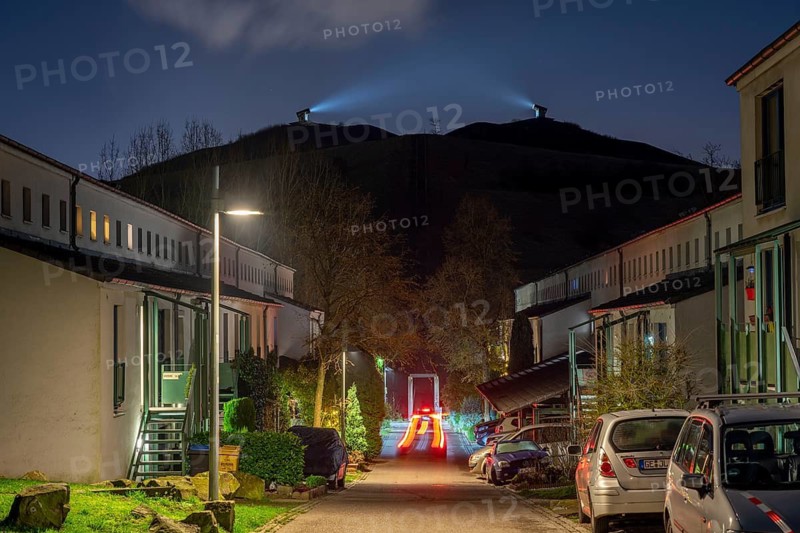 Rungenberg slag heap in the Buer district, Night Sign light installation, Schüngelberg housing estate, Zum Rungenberg street, Gelsenkirchen, North Rhine-Westphalia, Germany