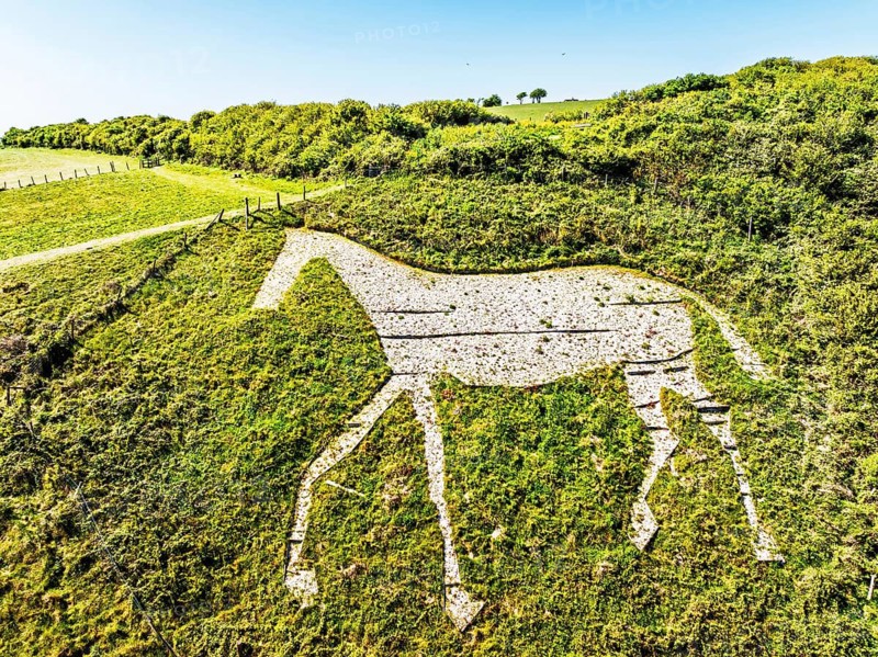 Litlington White Horse over Cuckmere Valley from a drone, Hindover Hill, South Downs, East Sussex, England, United Kingdom