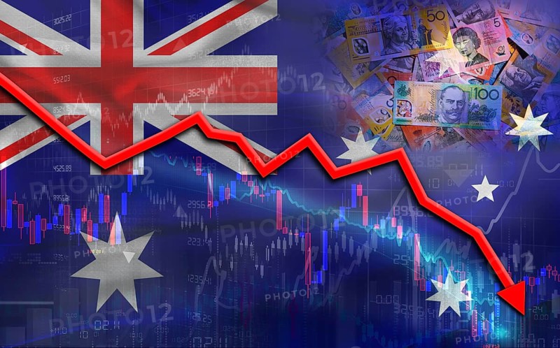 Australia financial fall on economy market. Australian financial crisis on economic graph
