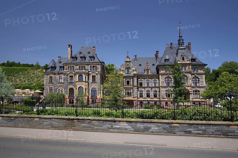 Lieser castle built in 1885 in historicism with gardens in Lieser, Bernkastel-Kues, Middle Moselle, Mosel, Rhineland-Palatinate, Germany