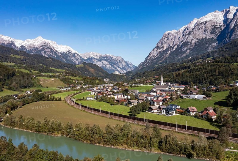 Drone image, settlement area, view of village with church, Pfarrwerfen, Tennengebirge, Salzachtal, Pongau, Salzburg province, Austria