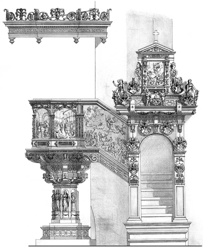 Historical architectural illustration from the 19th Century, 1881, German Renaissance style, pulpit, 16th century, Cathedral of Trier also Trierer Dom, Trier, Rhineland-Palatinate, Germany, Europe, Deutsche Renaissance, Architektur-Zeichnung von 1881, die Kanzel im Dom Sankt Peter, Trier, Deutschland, Europa