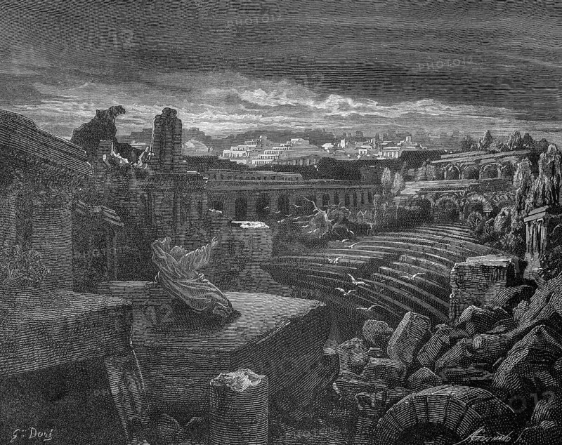 Isaiah sees the destruction of Babylon in a dream, chapter 13, verse 1, destruction of the city of Babel, decay, debris, religion, Old Testament, Bible, steel engraving Doré, historical illustration 1885