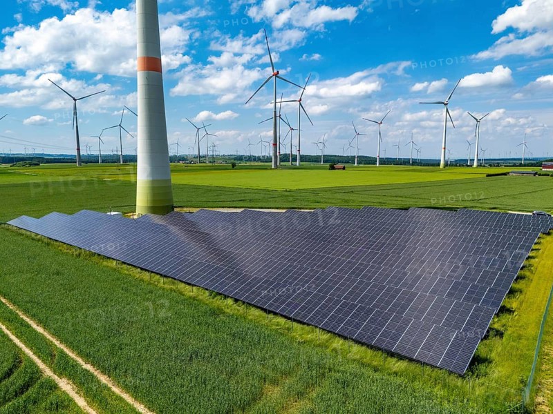 Wind farm near Marsberg, photovoltaic system, utilisation of land for renewable energies, Hochsauerlandkreis, North Rhine-Westphalia, Germany