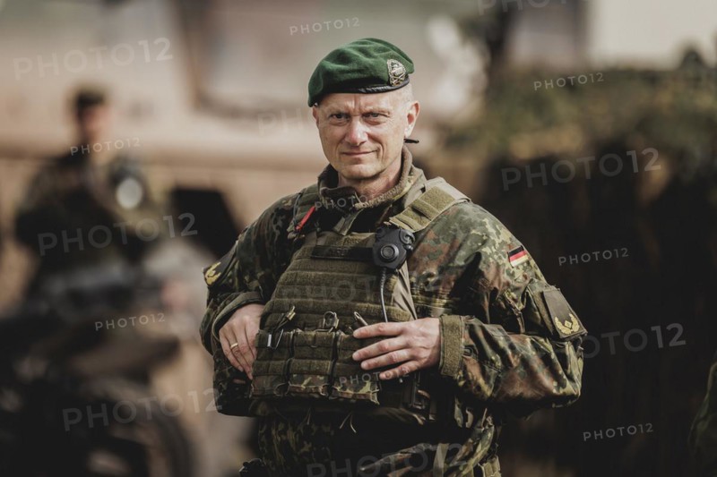 Brigadier General Alexander Krone, Commander NATO Response Force Land Brigade, photographed during a Bundeswehr exercise with forces from Norway and the Czech Republic at the 'Wettiner Schwert' exercise as part of Quadriga 2024 in the training town of Schnöggersburg, 8 April 2024