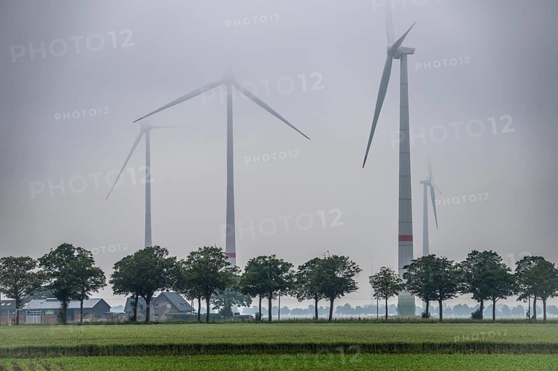 Wind farm north-east of Kerken, Lower Rhine, in the fog, country road, North Rhine-Westphalia, Germany