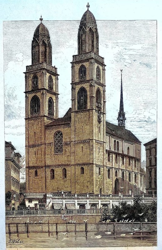 The Minster in Zurich, Switzerland, Historic, Reproduction of an original 19th century artwork, digitally enhanced