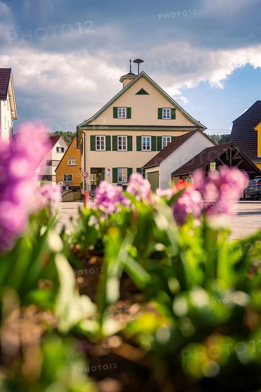 A house with yellow-green accents, flowers in the foreground, under a partly cloudy sky, Deufringen, Aidlingen, Böblingen district, Germany