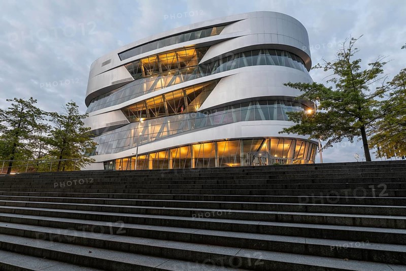 08.05.2026 Illuminated Mercedes Benz Museum with futuristic architecture and stairs at dusk in Stuttgart, Baden Württemberg, Germany