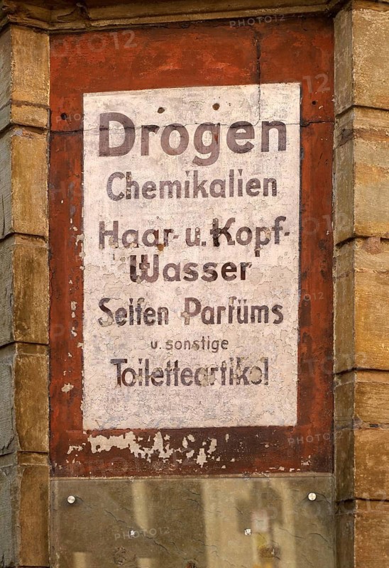 Remains of the city pharmacy, former painting of a drugstore, sale of drugs, chemicals, personal care products Altstadt, Besigheim an der Enz, Baden-Württemberg, Germany