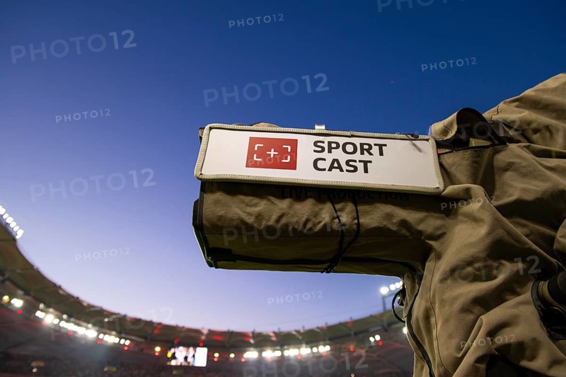 TV camera, SPORTCAST, logo, blue hour, floodlight, soccer Bundesliga, DFB-Pokal, MHPArena, MHP Arena Stuttgart, Baden-Württemberg, Germany