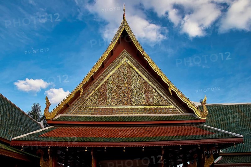A magnificent temple roof with golden decorations against a blue sky, Loro Parque, Puerto de la Cruz, Tenerife, Canary Islands, Spain