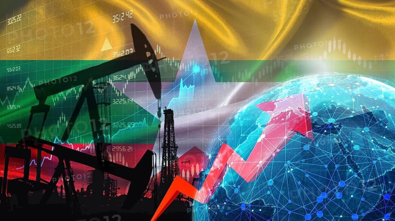 Global oil growth with Burmese flag. International oil exports with Myanmar flag on the economic chart