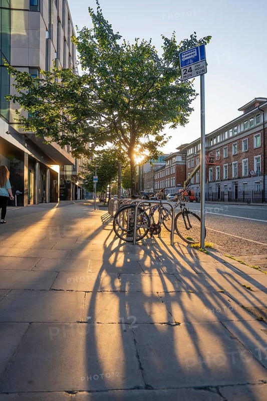 Bikes cast long shadows on a quiet urban street in golden evening light, Dublin, Ireland