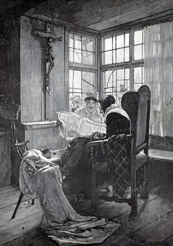 A woman reading from the newspaper to her grandmother, living room with a crucifix and wood paneling, 1896, Germany, authentic, digitally restored reproduction from a 19th century model, exact date of presentation unknown, historical, Two woman reading a newspaper in a sun-drenched room, which is comfortably furnished with furniture