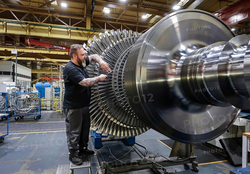 Oberhausen, North Rhine-Westphalia, Germany, MAN Energy Solutions is a long-established company in the Ruhr region. Industrial mechanic works on a steam turbine. MAN Energy Solutions is the world market leader in propulsion engines for ships and engines for power generation, as well as turbomachinery for stationary applications such as in gas networks, in the process industry and also for power generation. Note: The person pictured has given their verbal consent for publication in the press