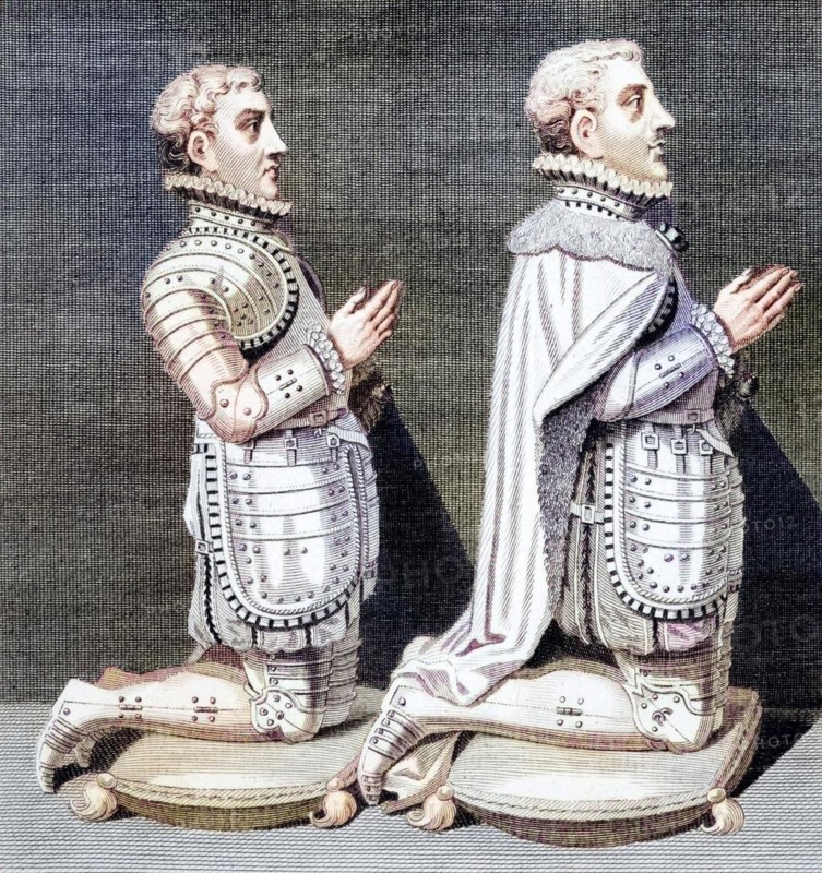 Henry Stuart Lord Darnley left 1545 to 1567 second man of Mary Queen of Scots and Charles Stuart Earl of Lennox right 1555 to 1576 kneeling by their mothers tomb in Westminster Abbey from Iconographia Scotica or Portraits of Illustrious Persons of Scotland by John Pinkerton, published in London 1797, Henry Stuart Lord Darnley left 1545 to 1567 second man of Mary Queen of Scots and Charles Stuart Earl of Lennox right 1555 to 1576 kneeling by their mothers tomb in Westminster Abbey from Iconographia Scotica or Portraits of Illustrious Persons of Scotland by John Pinkerton published London 1797, Historic, digitally restored reproduction from a 19th century original. century, Record date not stated