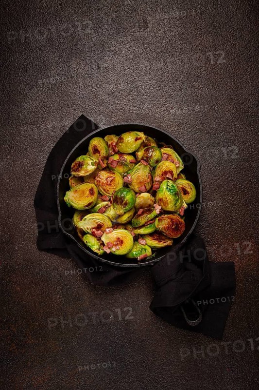 Roasted brussels sprouts, with bacon, vegetarian food, homemade, no people