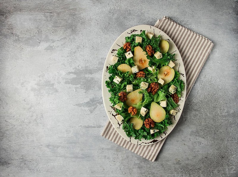Keto Salad, pear with blue cheese and walnut, selective focus, no people, close-up