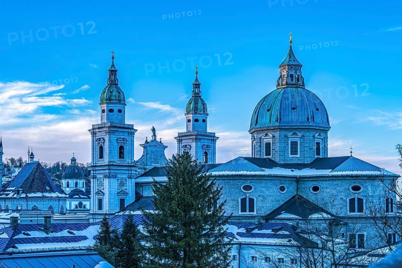 View from the Festungsberg over the historic city centre and the cathedral, a Roman Catholic cathedral, Salzburg, Austria
