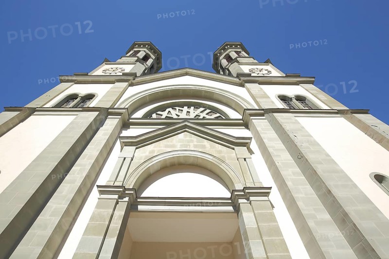 Neo-Romanesque St. John the Baptist Church, looking up, twin towers, Todtmoos, Southern Black Forest, Black Forest, Baden-Württemberg, Germany