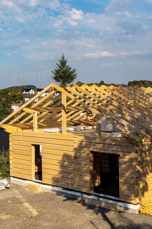Shell of a wooden house, building, completely made of wood, in the village of Hesborn, in Sauerland, North Rhine-Westphalia, Germany