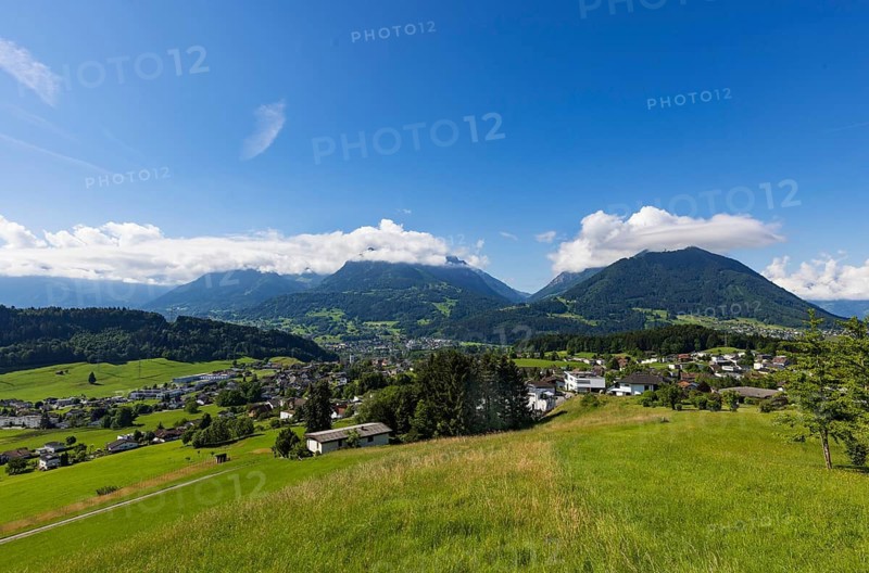 View of the village with parish church, Göfis, Walgau, Vorarlberg, Austria