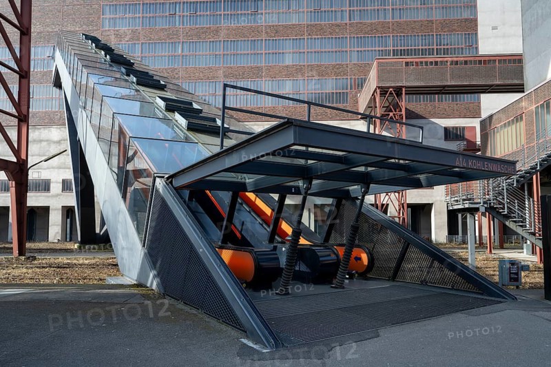 A14 Coal washing plant, escalator to the visitor centre, Zollverein Coal Mine Industrial Complex, UNESCO World Heritage Site, Essen, Ruhr area, North Rhine-Westphalia, Germany